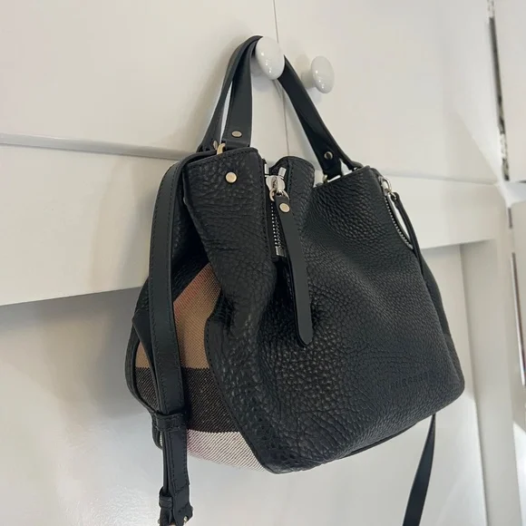 BURBERRY Maidstone Black Leather House Check Canvas Small Tote Bag - Picture 9 of 14